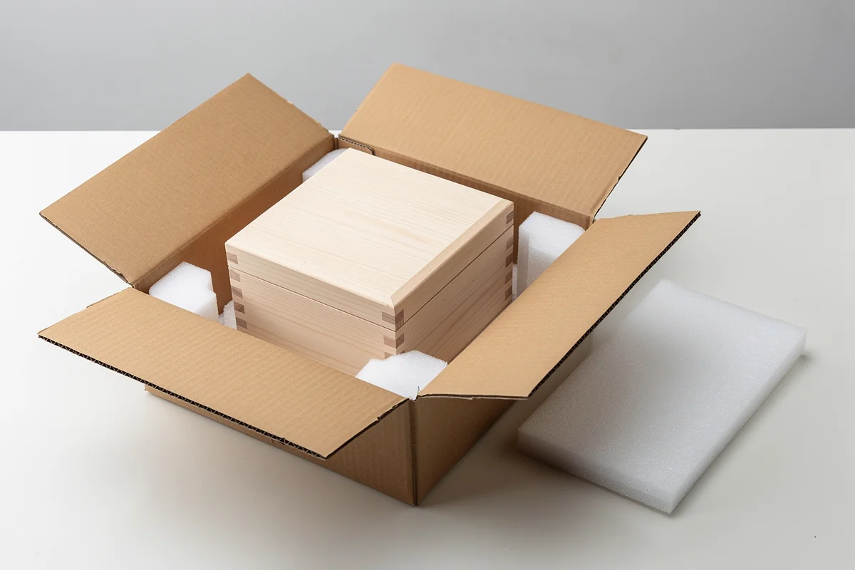 Closed wooden gift box inside an outer shipping carton with cushioning and a separate top pad