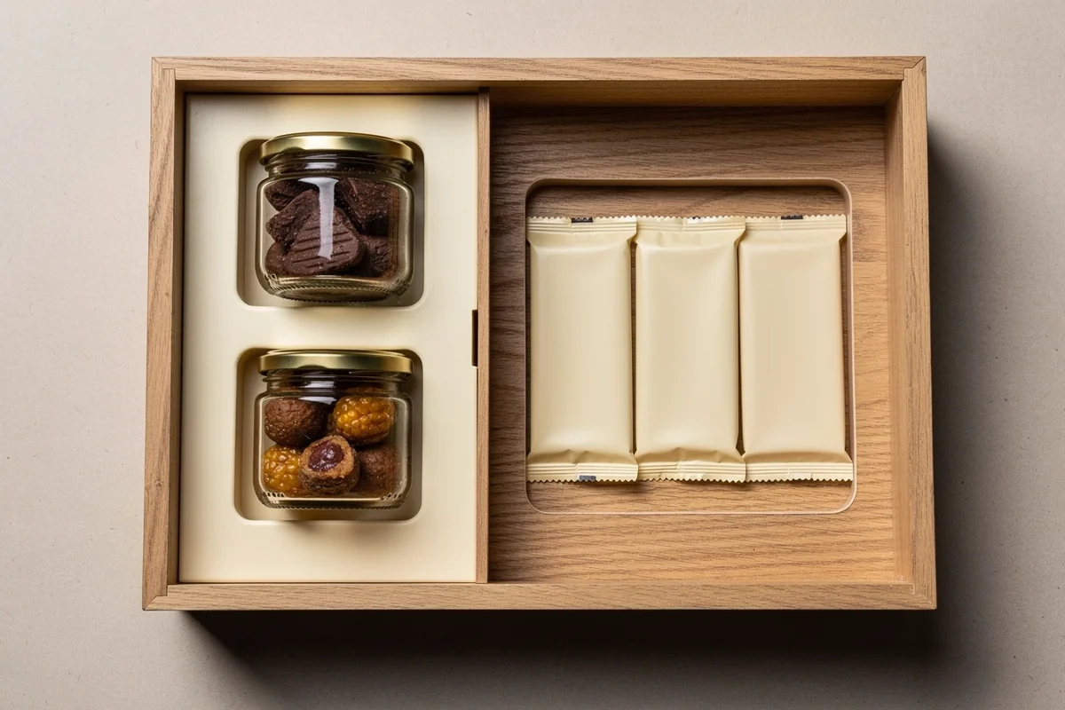 Food gift box inserts concept with separate jar recesses and wrapped-bar compartments