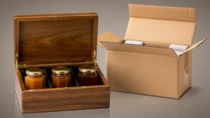 Clear-coated wooden gift box holding three capped glass jars beside an open shipping carton