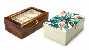 Two finished wooden presentation boxes with transparent and decorated opaque lids