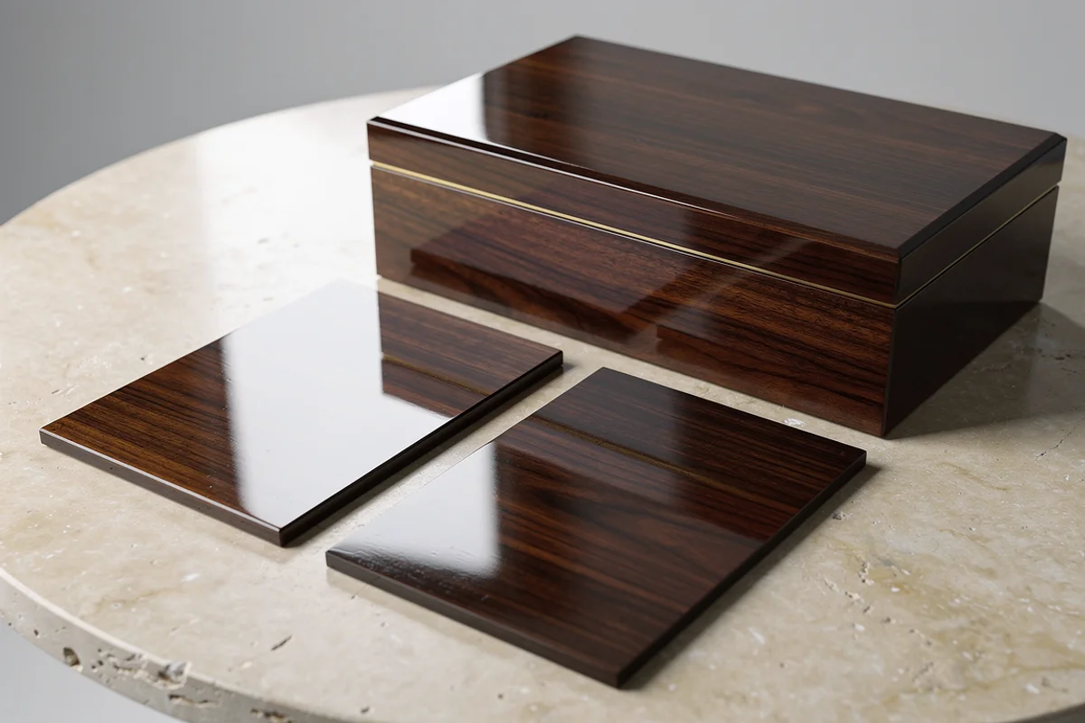 Two glossy wood-grain sample panels beside a lacquered wooden box