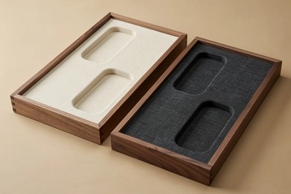 Cream and charcoal insert trays shown as alternative lining concepts
