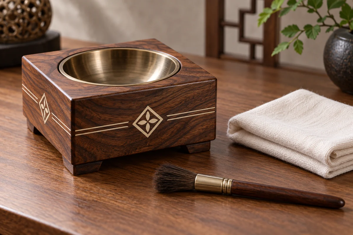 Walnut wooden incense burner beside a clean dry cloth and soft brush