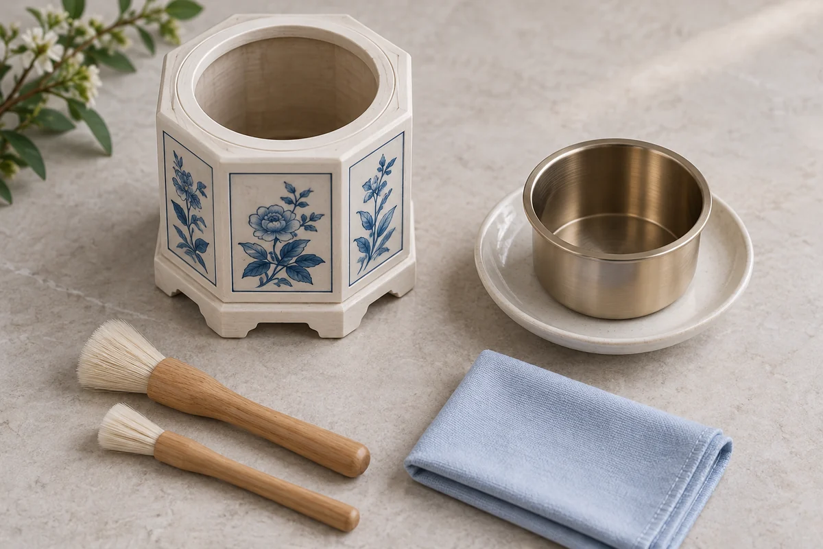 Ivory wooden burner housing with blue floral details beside a detached cup and cleaning tools