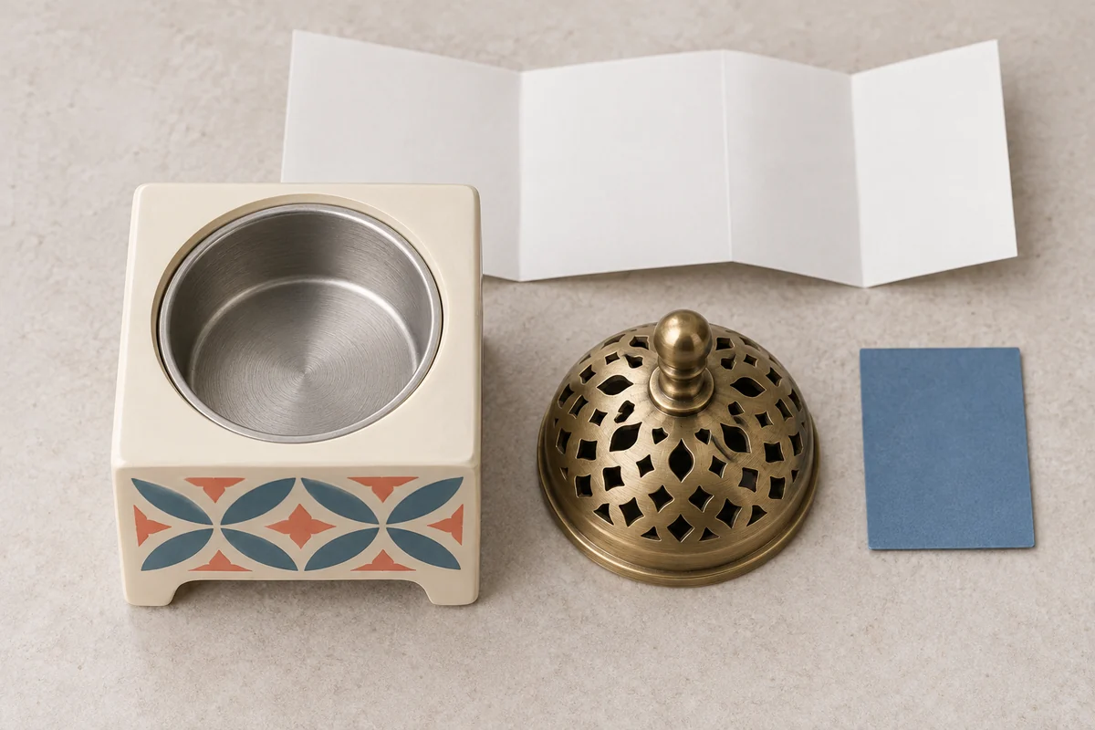 Empty decorated burner and detached perforated lid beside a blank leaflet for an incense burner lid on or off guide
