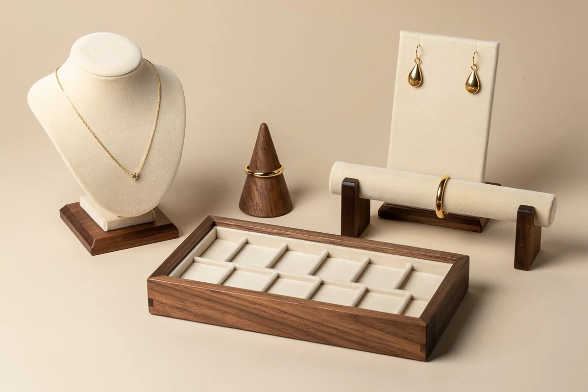 Necklace bust, ring cone, earring panel, bracelet bar and divided jewelry tray