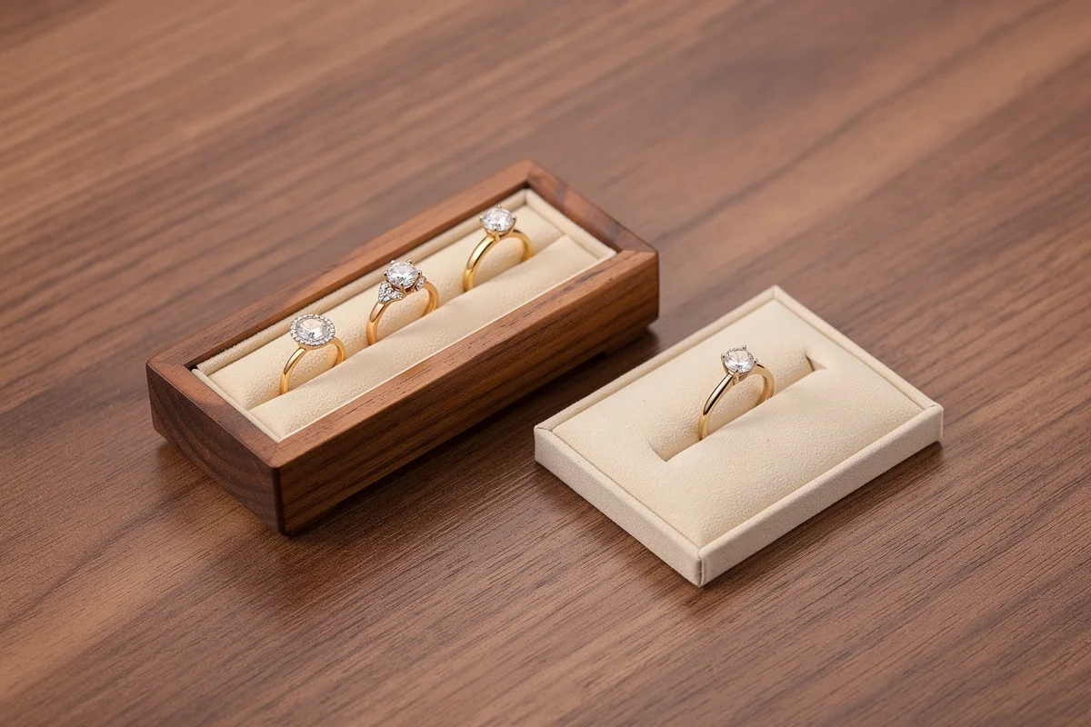 Three rings in a wooden display tray beside a separate pad holding another ring