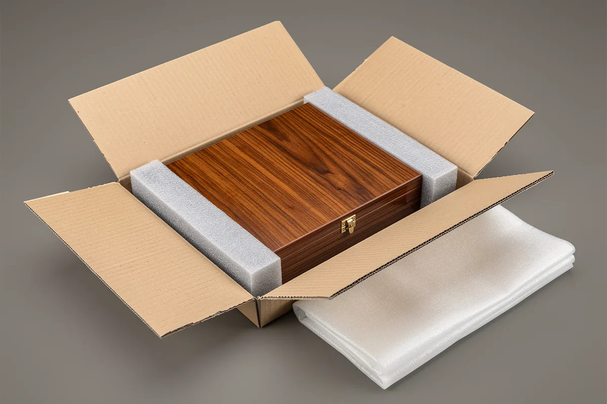 Closed polished wood-grain gift box between protective foam pieces inside a corrugated carton