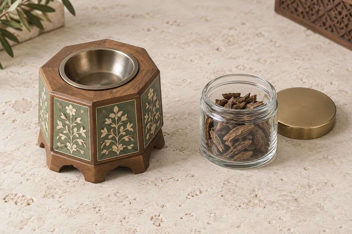 Octagonal green-and-wood incense burner beside an open glass jar containing brown wood chips