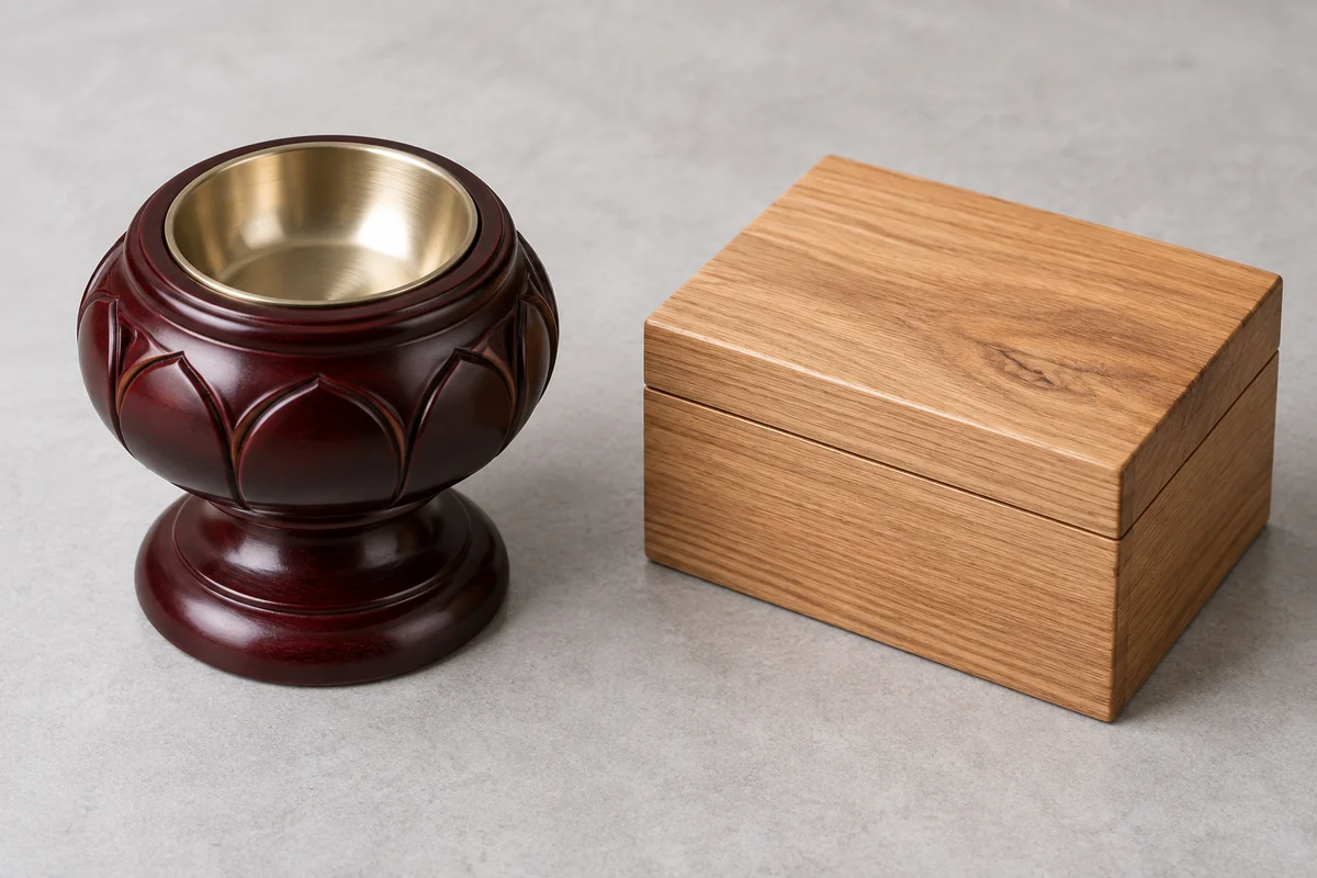 Round burgundy incense burner with an empty metal bowl beside a closed light-wood box