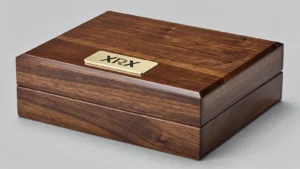 Gold-tone XRX metal plaque mounted on a polished wood-grain box lid