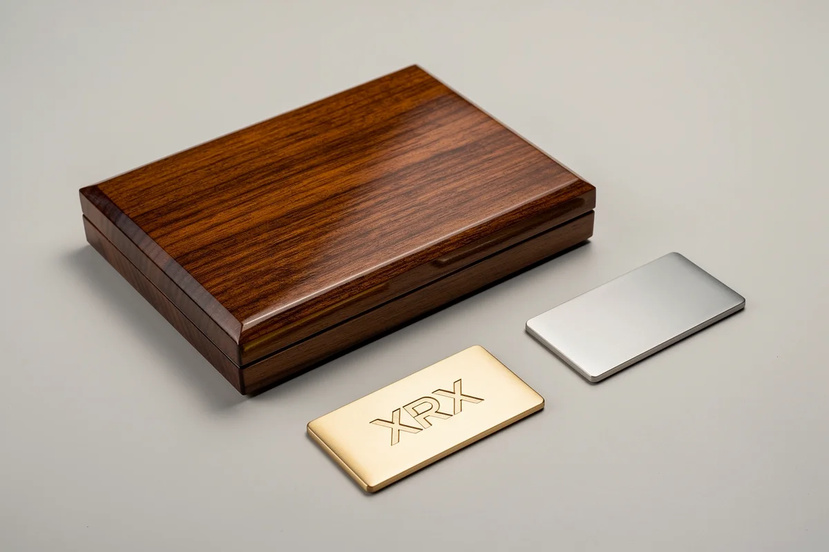Finished wooden box beside a gold-tone logo plate and a plain metal plate surface