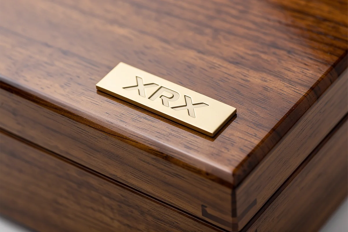 Close view of a metal logo plate edge against a polished wood-grain lid