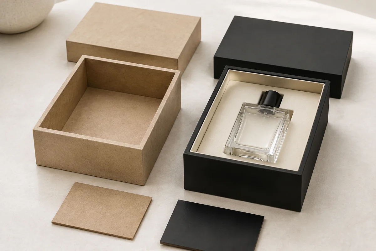 Conceptual structural and decorated MDF perfume box samples for quotation approval