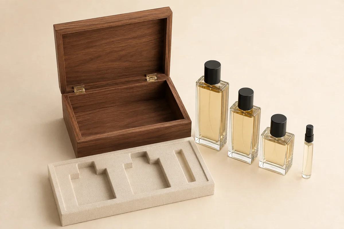 Custom wooden perfume box quote concepts with separate bottle sizes and removable insert