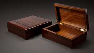 Two clear-coated walnut-grain boxes, one closed and one with its hinged lid open