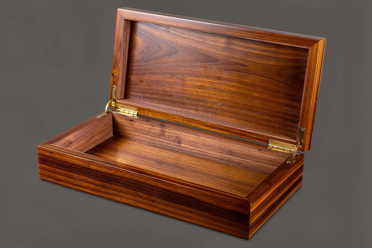 Polished walnut-grain box with an open lid, brass hinges and side stays