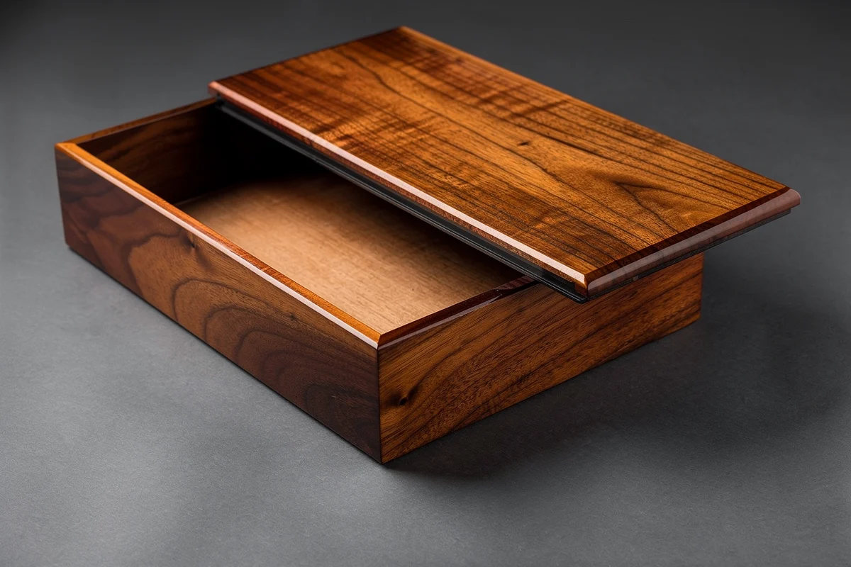 Clear-coated walnut-grain box with a flat sliding panel partly withdrawn