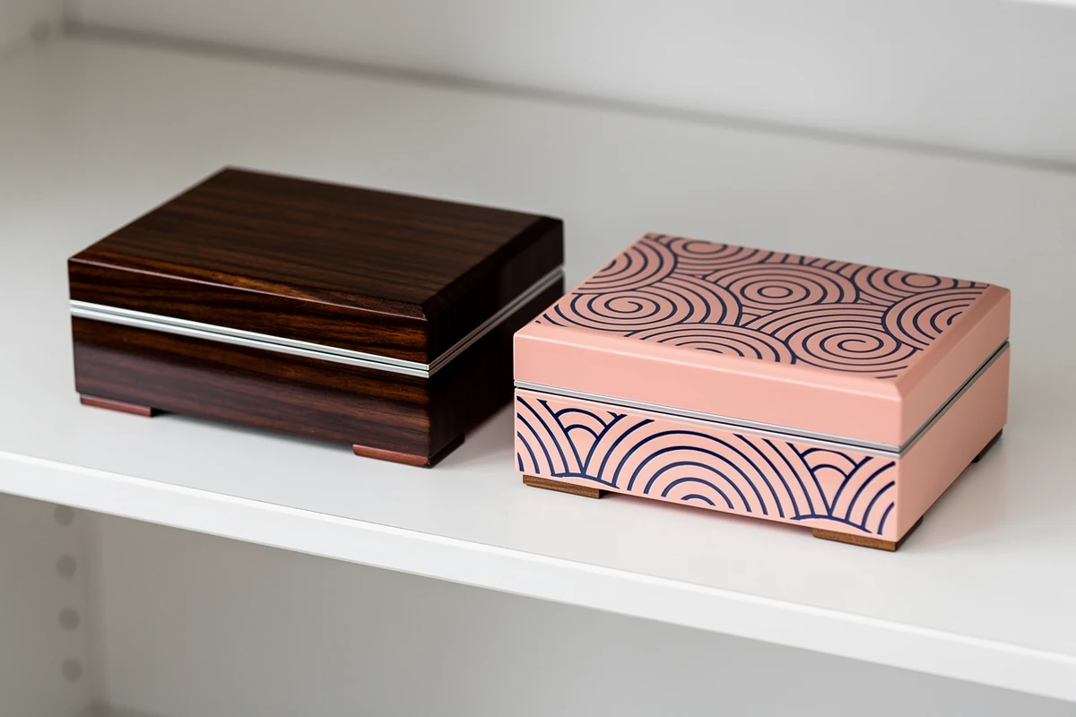 Polished dark wood-grain box beside a pale rose box with navy decoration