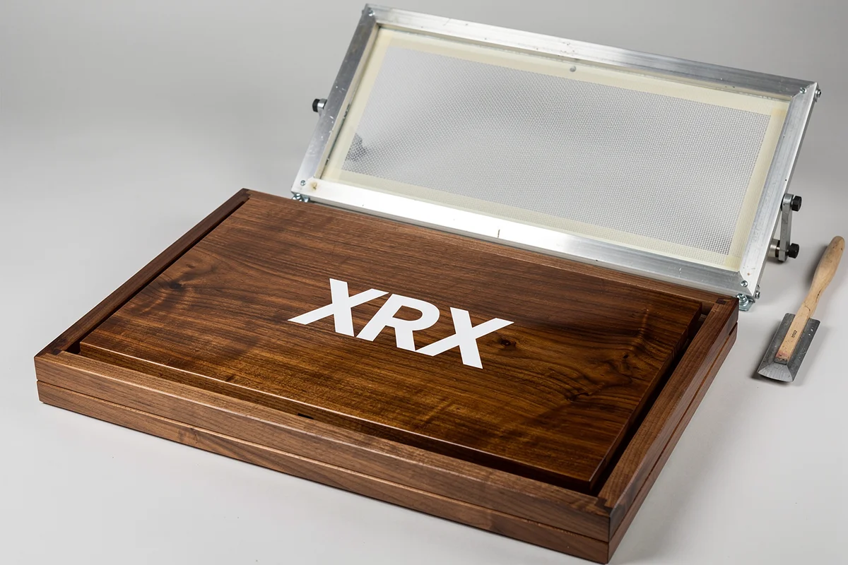 Finished wood panel with white lettering in a locating frame beside a raised mesh screen