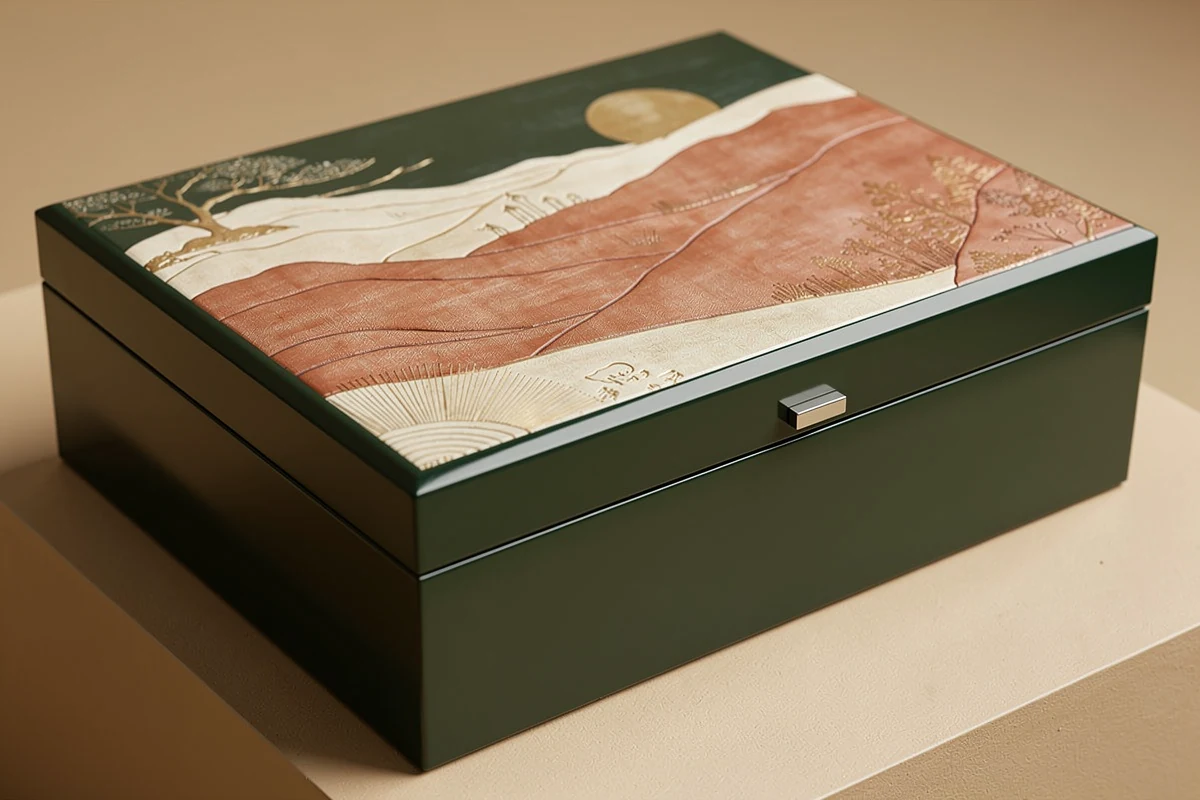 Closed dark green wooden presentation box with an opaque patterned lid