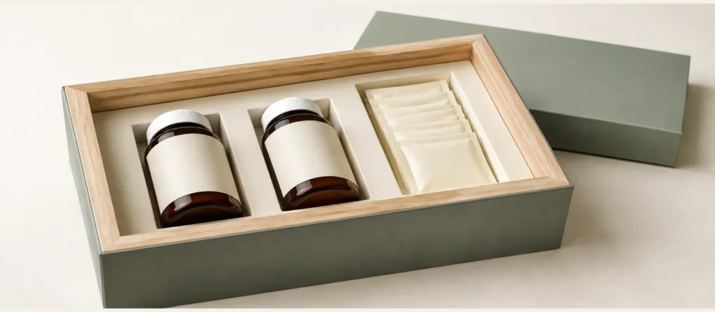 Supplement Packaging Design: Essential Wooden Gift-Set Checks