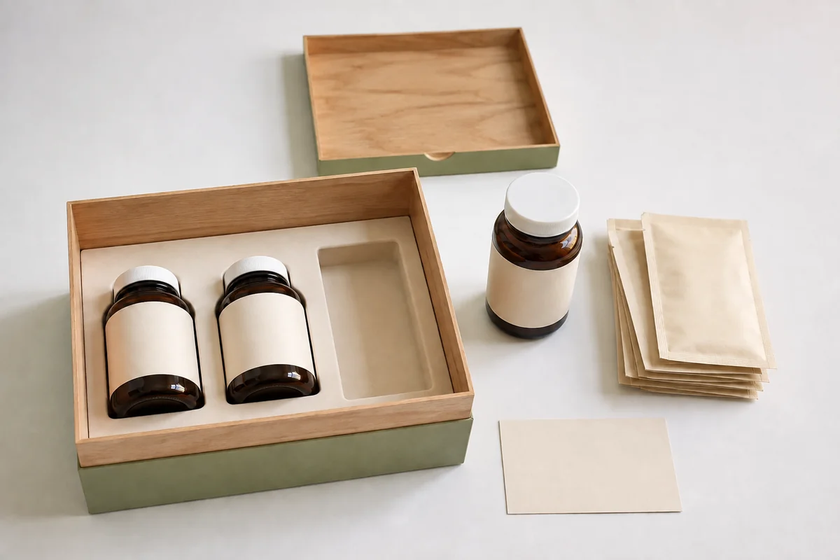 Supplement packaging design concept with fitted bottles and separate components beside a wooden box
