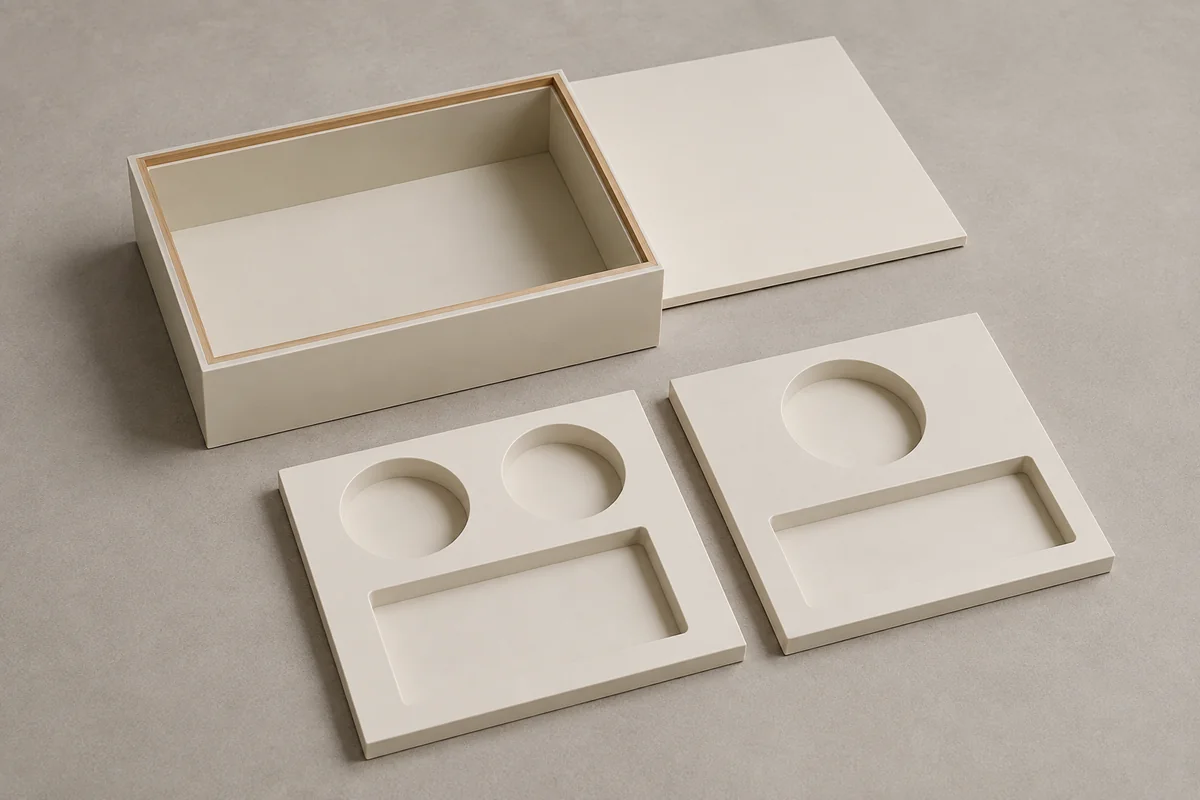 Wooden supplement gift box concept beside two alternative removable insert layouts