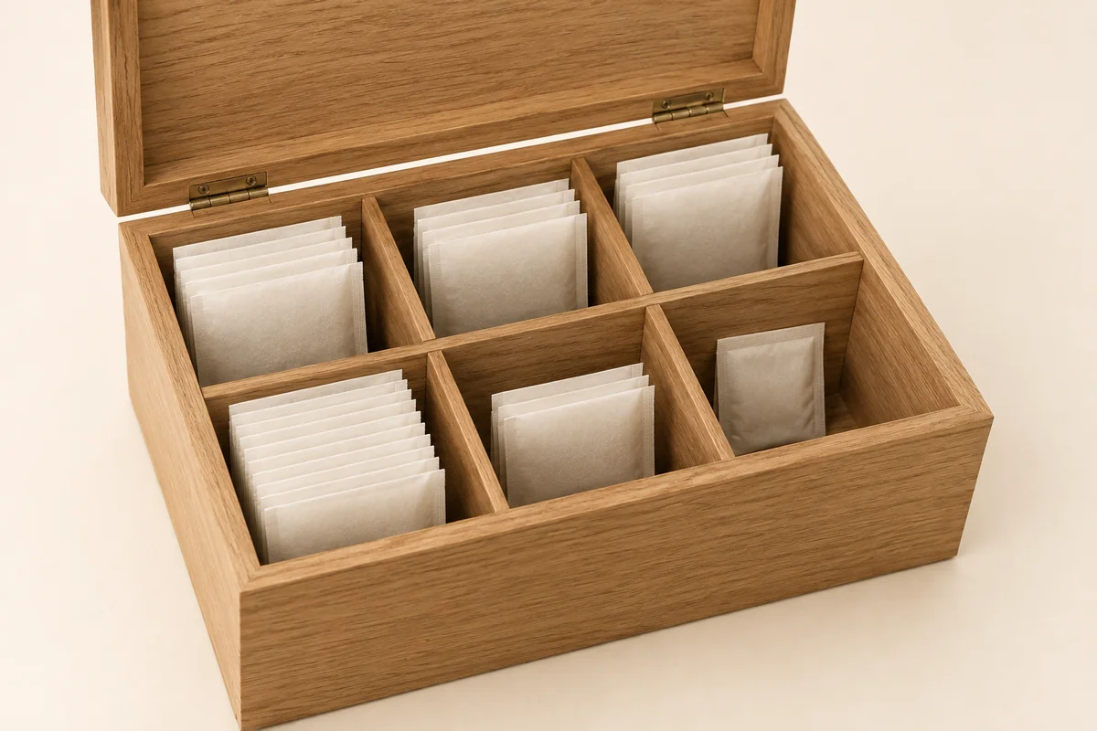 Tea box dimensions and six compartments shown with full and partly depleted sachet rows