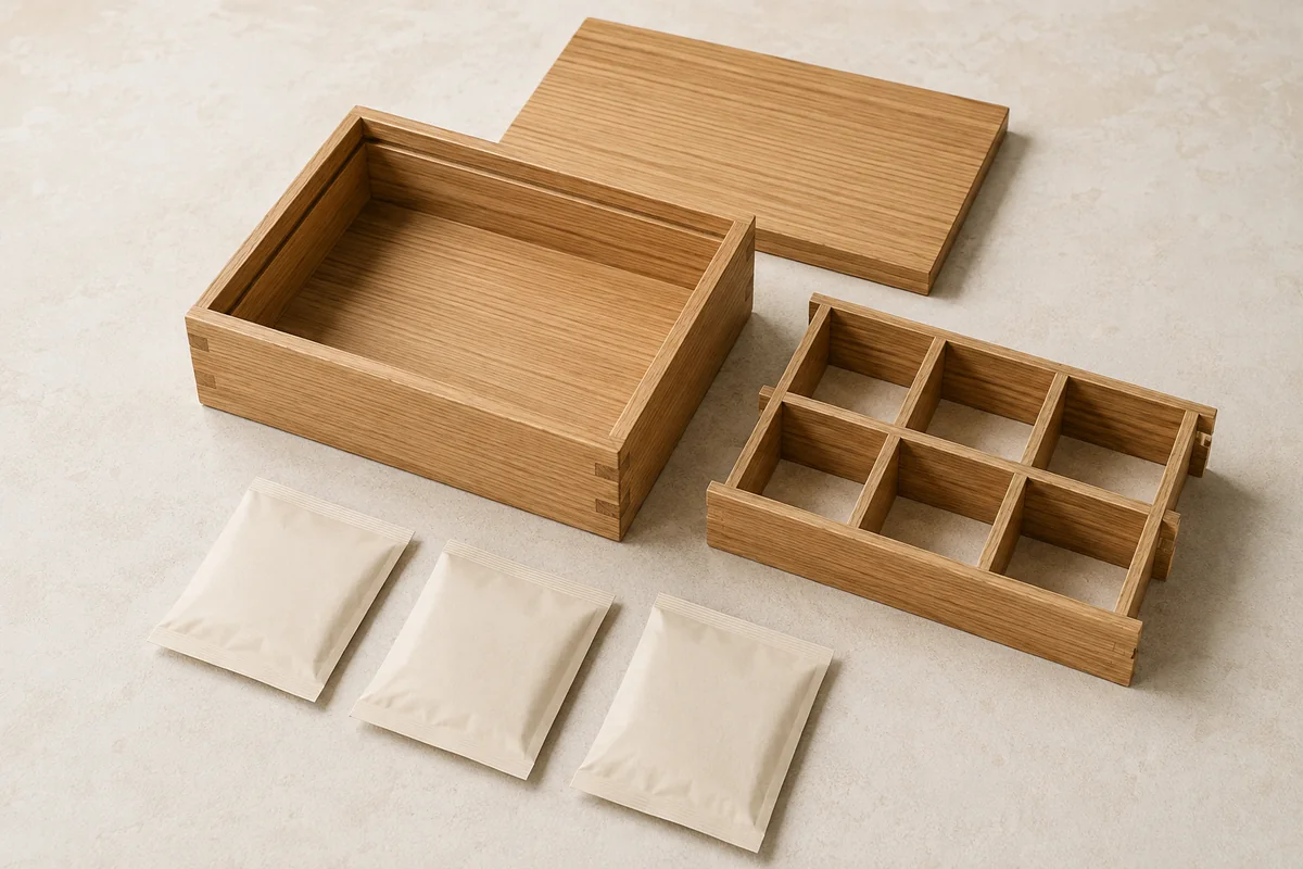 Wooden tea box concept with a separate removable divider grid and sealed sachets