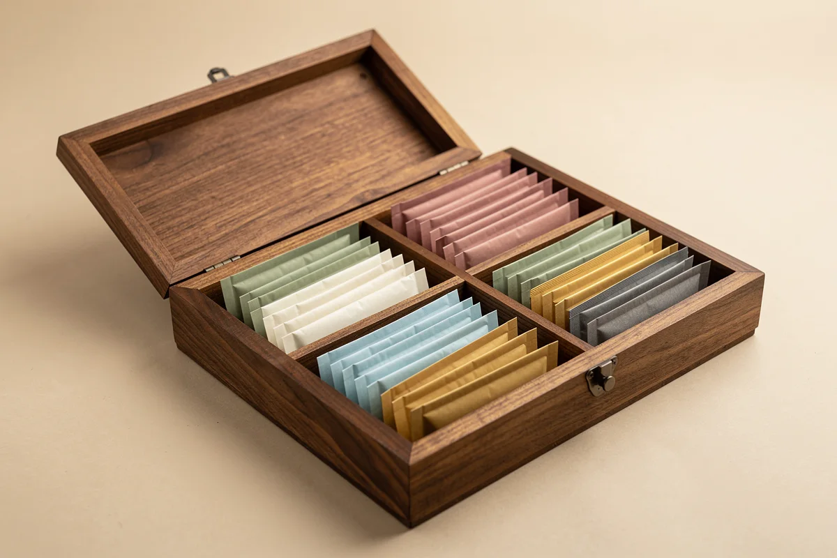 Open compartmented wooden tea box holding groups of colored tea envelopes