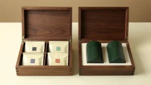 Two open wooden tea boxes, one with wrapped envelopes and one with two closed green tins