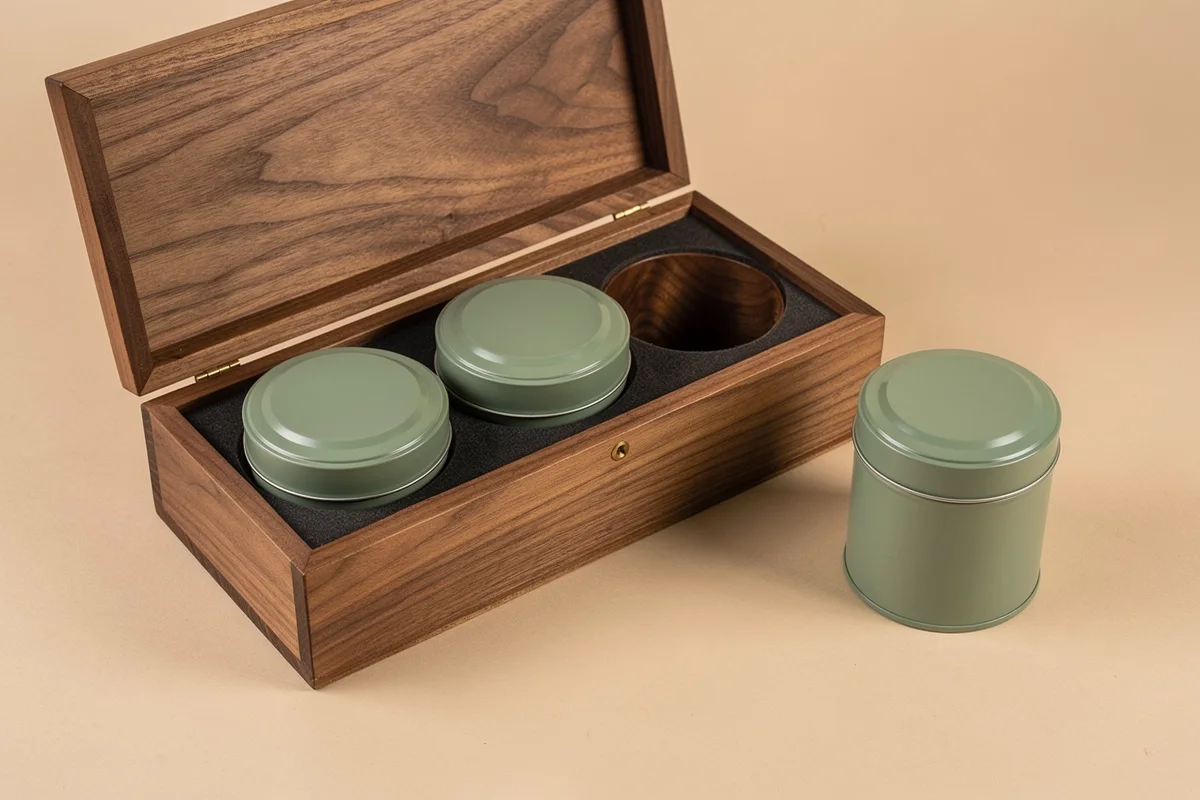 Wooden tea gift box holding two closed tins with an empty space and a third tin beside it