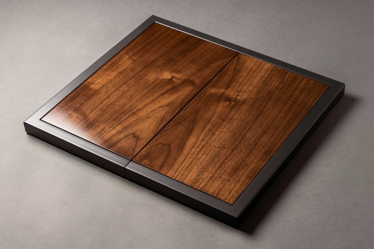 Clear-finished wood-grain lid panel with a fine central joint and a dark surrounding border