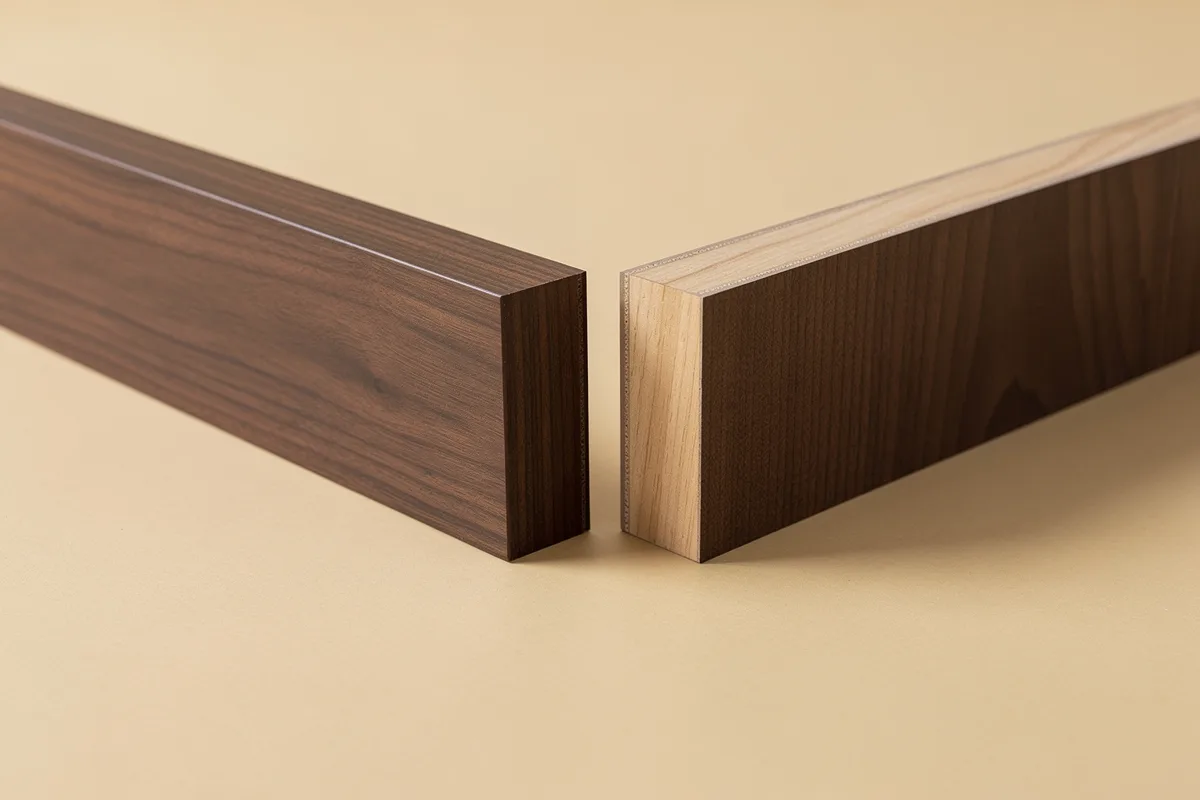 Two woodgrain panel samples showing dark and light edge treatments