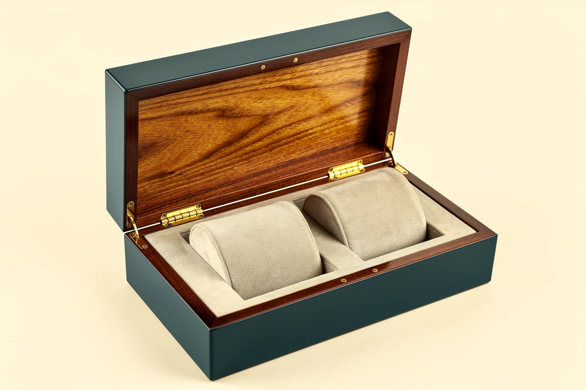 Open wooden watch box with a finished wood-grain inner lid, blue sidewalls and two pale cushions