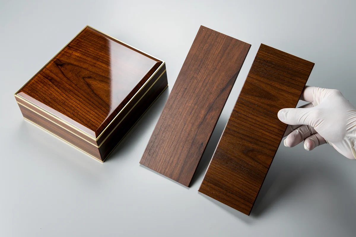 A gloved hand holding a wood-grain panel beside another sample and a glossy wooden box