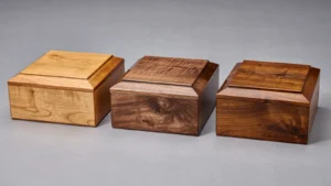 Three finished wooden presentation boxes with different brown tones and grain patterns