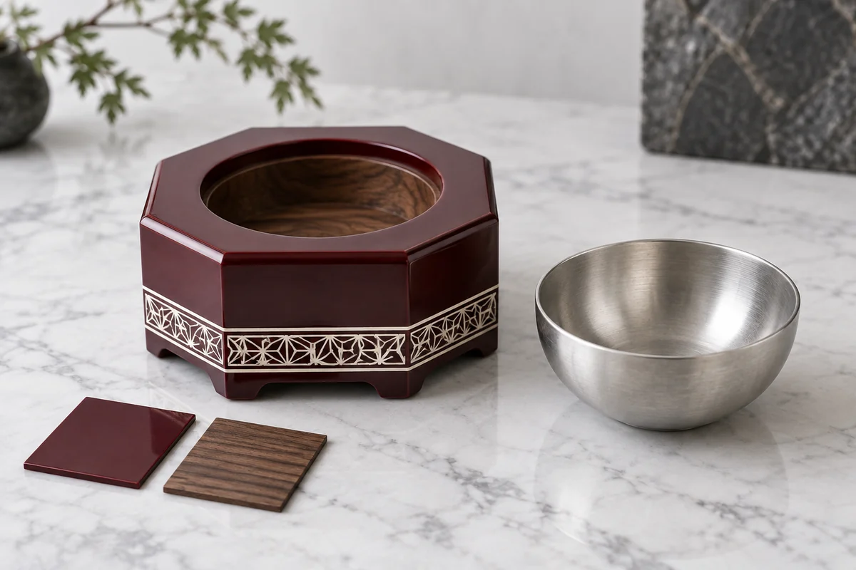 Burgundy wooden burner housing beside a detached metal bowl and two finish samples