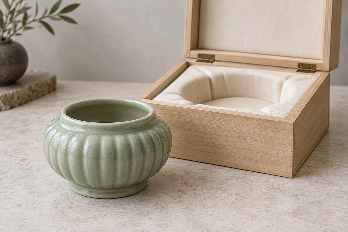 Green ceramic vessel beside an open cushioned wooden case for a wood vs ceramic incense burner comparison