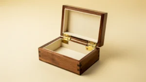 Open brown wooden box with cream lining and two visible brass-colored hinges