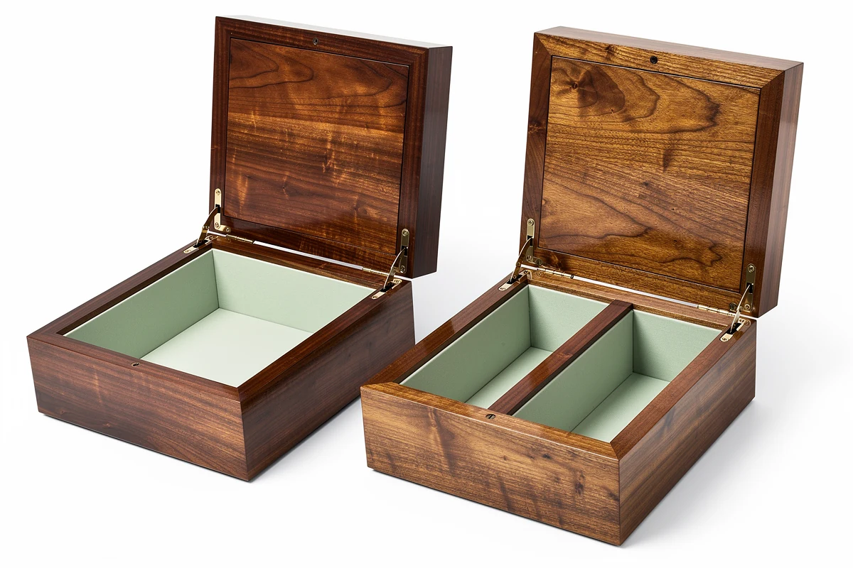 Open wood-grain boxes with different interiors for a custom packaging MOQ review