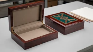 Polished wood-grain presentation boxes arranged for a pre shipment inspection checklist review