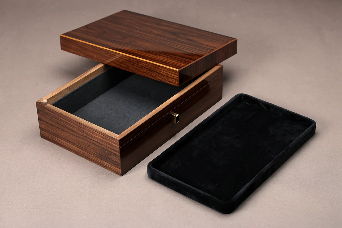 An open wood-grain box with its lid resting across the rear rim and a separate dark insert tray