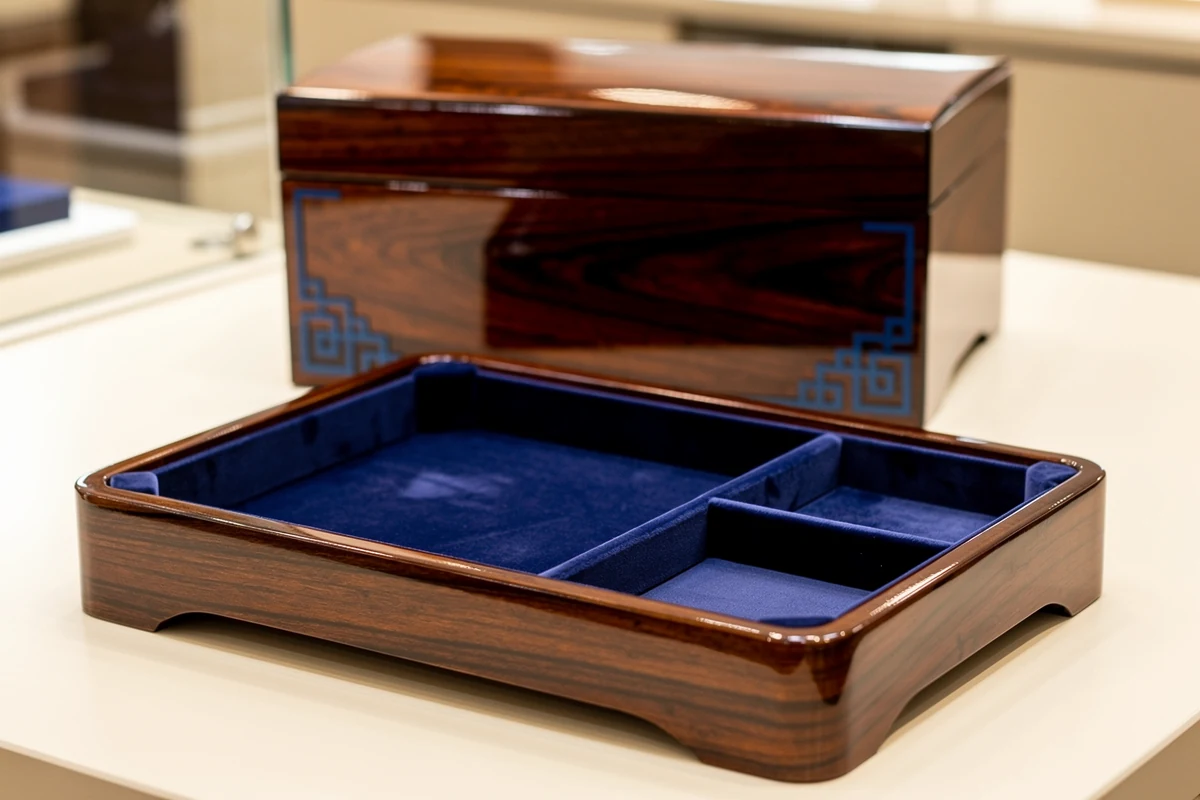 Clearcoated wood-grain tray with blue lining beside a matching closed wooden box